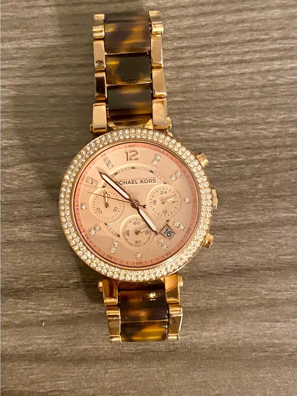 Michael Kors Rose Gold and Tortoiseshell Link Watch with Crystal Bezel